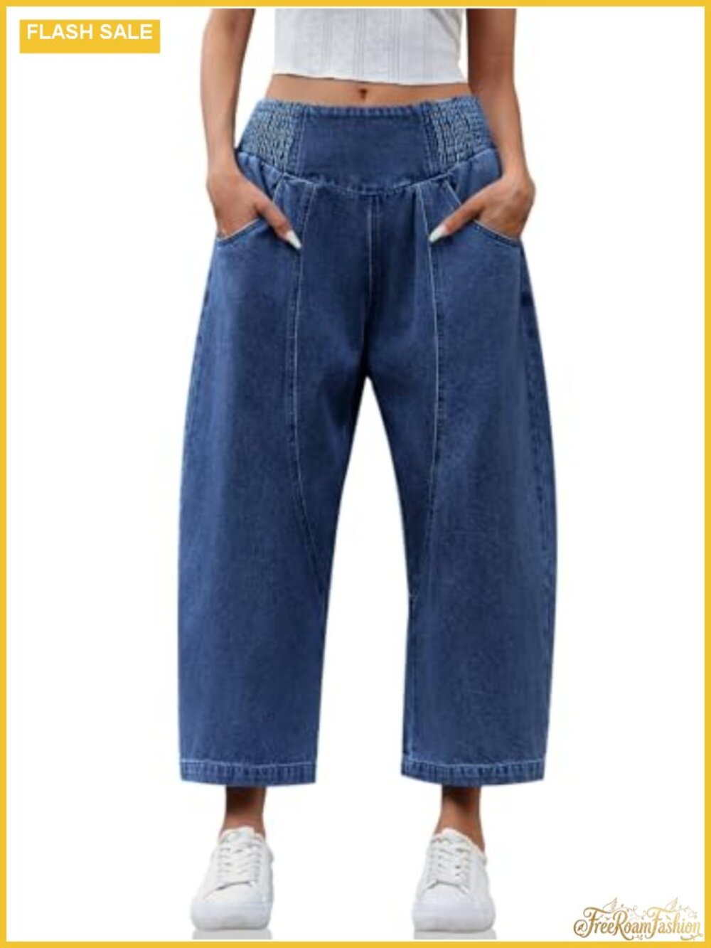 Wide Leg Cropped Jeans Baggy Boyfriend Mid Rise Pull On Denim Pants